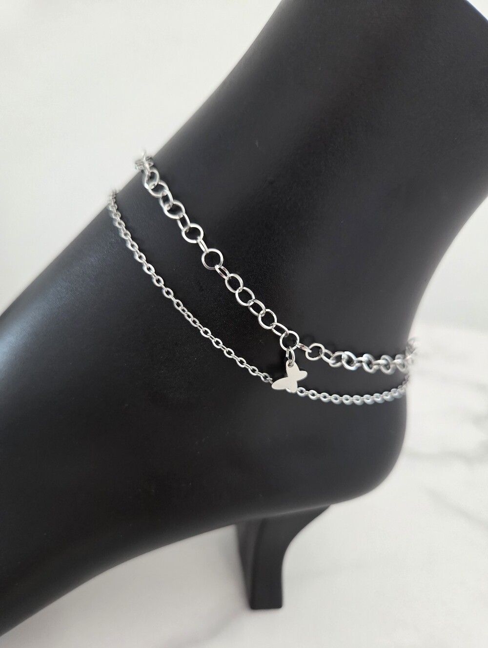 Silver Layered Butterfly Anklet Adjustable Double Chain Ankle Bracelet - Picture 5 of 12
